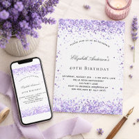 Birthday violet lavender glitter script elegant