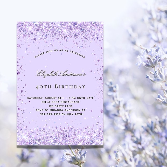 Birthday violet lavender glitter script elegant invitation (Creator Uploaded)