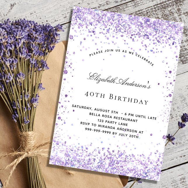 Birthday violet lavender glitter script luxury invitation (Creator Uploaded)