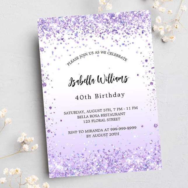Birthday violet lavender sparkles script luxury invitation (Creator Uploaded)