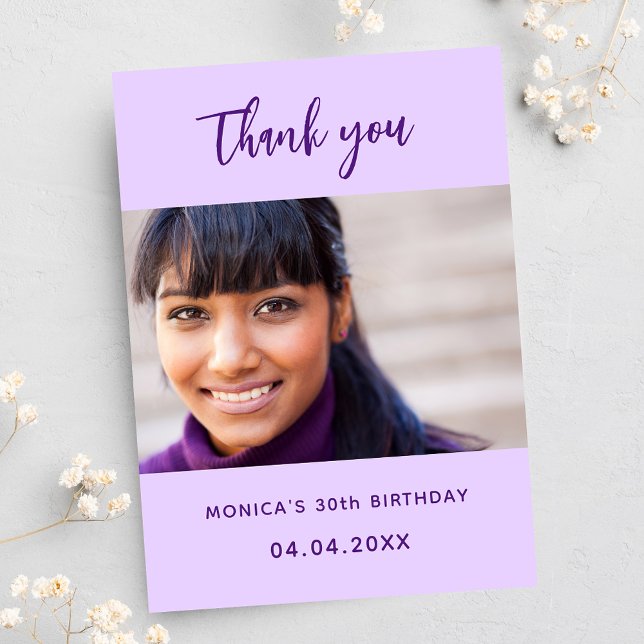 Birthday violet photo simple elegant thank you card (Creator Uploaded)
