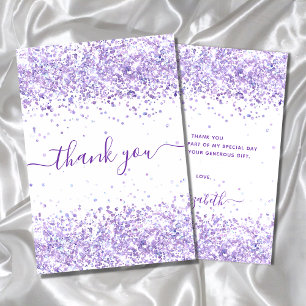 Birthday violet purple glitter dust thank you card