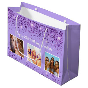 Birthday violet purple glitter name large gift bag