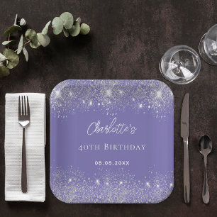Birthday violet silver glitter sparkles paper plate