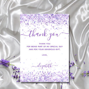 Birthday violet white glitter thank you card