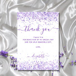 Birthday violet white glitter thank you card<br><div class="desc">A feminine and elegant birthday thank you card. A chic white background. With purple, faux glitter dust. Large hand lettered script and the text: Thank You. Personalise and add Your thank you note and name. The name is written with a modern hand lettered style script with swashes. To keep the...</div>