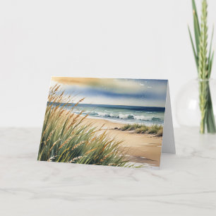 Birthday Watercolor Beach Grass and Ocean Scene Card
