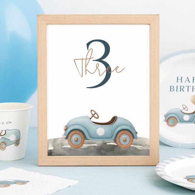Birthday Watercolor Blue Car  Table Number (Creator Uploaded)