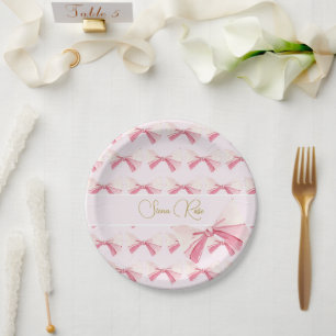 Birthday Watercolor Bow Cute Pink Paper Plate