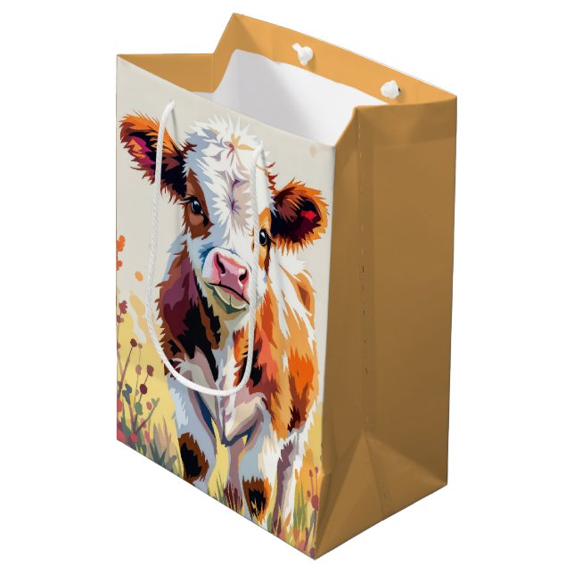Birthday Watercolor Calf In Field Flowers Medium Gift Bag (Front Angled)