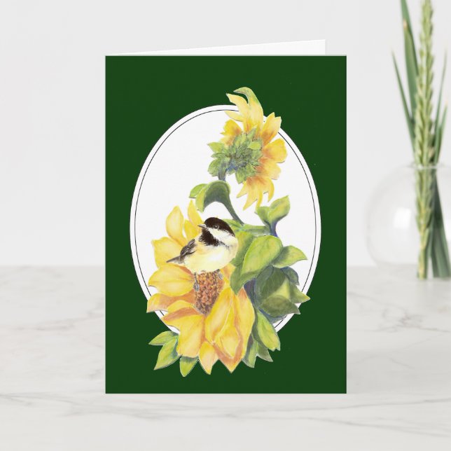 Birthday  Watercolor Chickadee and Sunflower Card (Front)