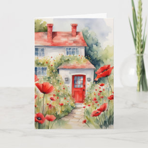Birthday Watercolor Cottage With Poppies Card