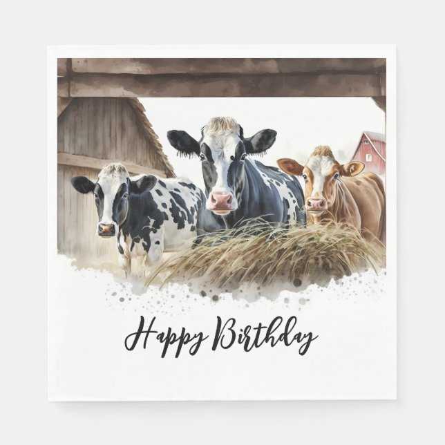 Birthday Watercolor Cows With Hay Napkin (Front)