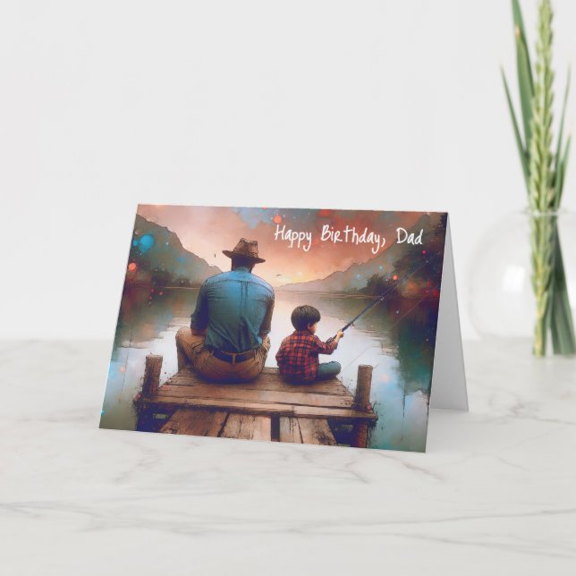 Birthday Watercolor Dad and Boy Fishing Card (Front)