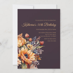 Birthday-Watercolor Fall Flowers-Purple- Invitation