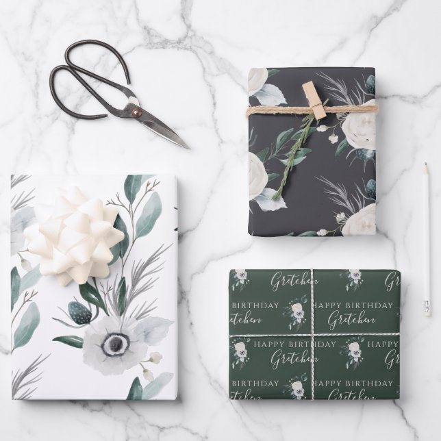 Birthday Watercolor Floral Wrapping Paper Sheets (Front)