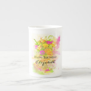 Birthday Watercolor Flower Bouquet Bone China Mug