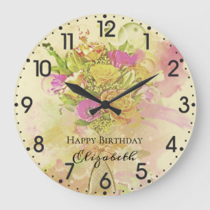 Birthday Watercolor Flower Bouquet Large Clock