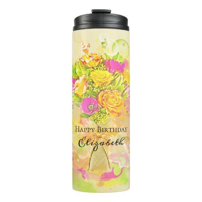 Birthday Watercolor Flower Bouquet Thermal Tumbler (Front)