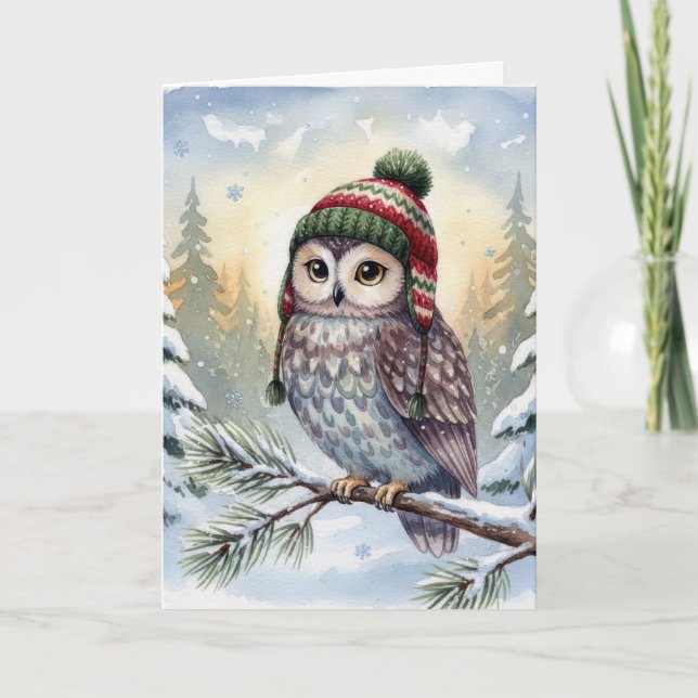 Birthday Watercolor Owl In Winter Hat Card (Front)