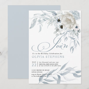 Birthday Watercolor Pale Dusty Blue Floral Invitation