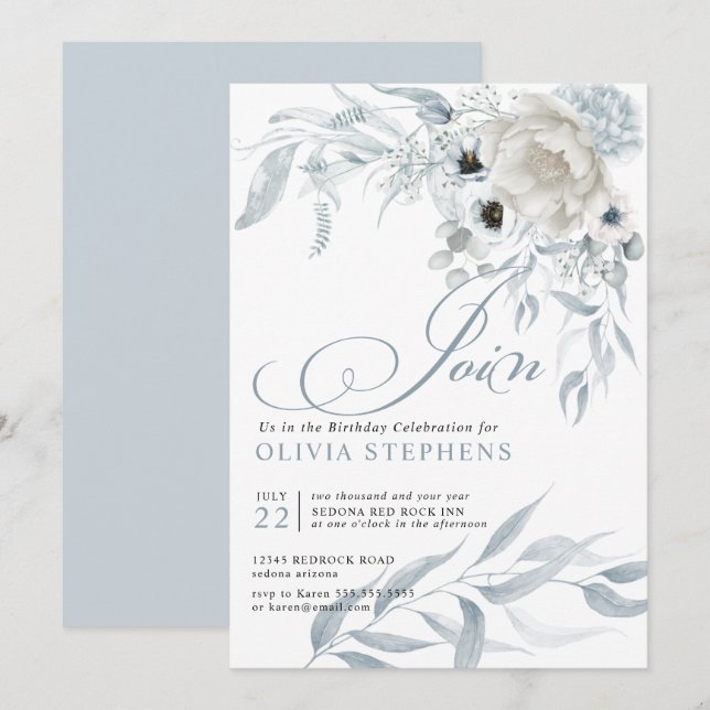Birthday Watercolor Pale Dusty Blue Floral Invitation (Front/Back)