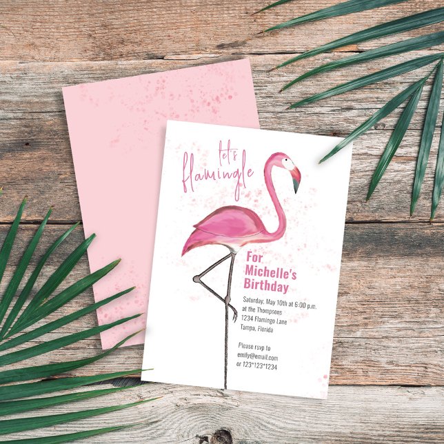 Birthday Watercolor Pink Tropical Beach Flamingo Invitation (Birthday pink flamingo invitation with "let's Flamingle" wording. )
