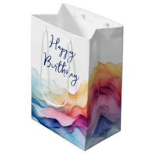 Birthday Watercolor Rainbow Waves Medium Gift Bag