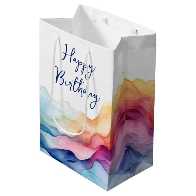Birthday Watercolor Rainbow Waves Medium Gift Bag (Front Angled)