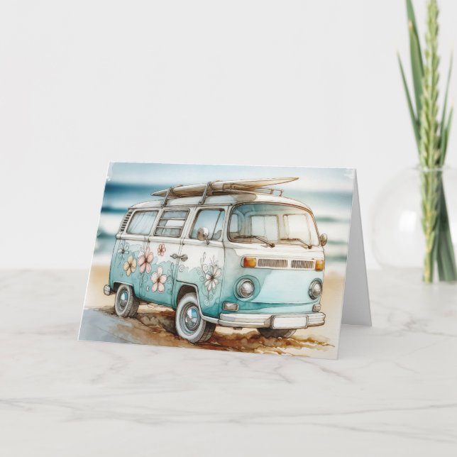 Birthday Watercolor Retro Campervan With Surfboard Card (Front)