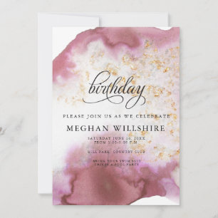 Birthday Watercolor Rose Quartz Gold Geode Invitation