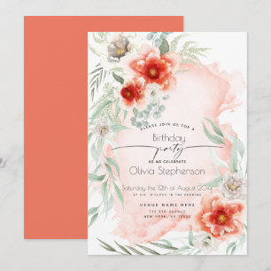 Birthday Watercolor Scarlet Flame Floral Invitation