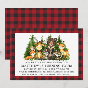 Birthday Watercolor Woodland Animals Plaid Invitation