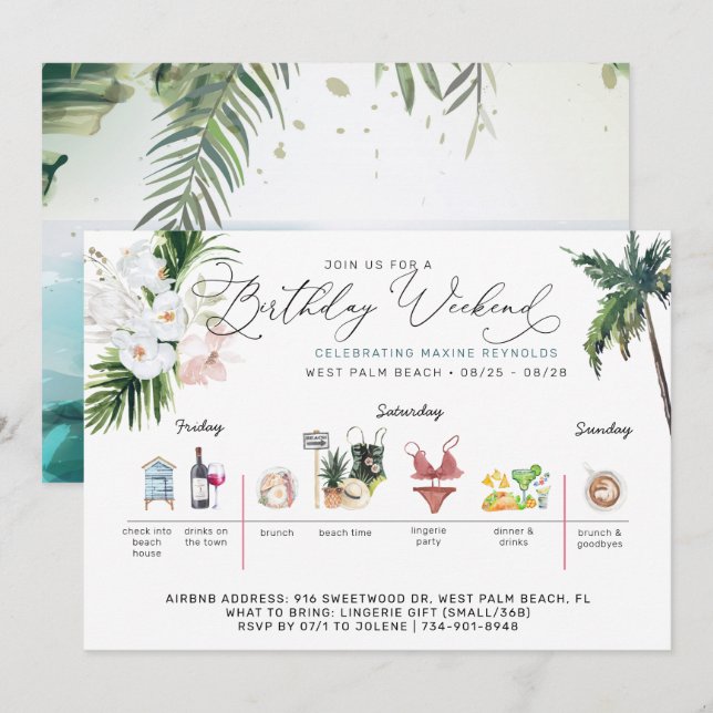 Birthday Weekend Itinerary | Palm Beach Invitation (Front/Back)