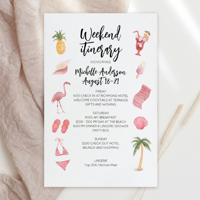 Birthday Weekend Itinerary Watercolor Beach (Watercolor Beach Birthday Weekend Itinerary Invitation)