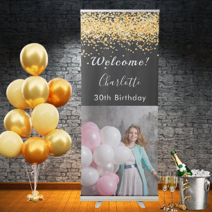 Birthday welcome black gold glitter photo retractable banner
