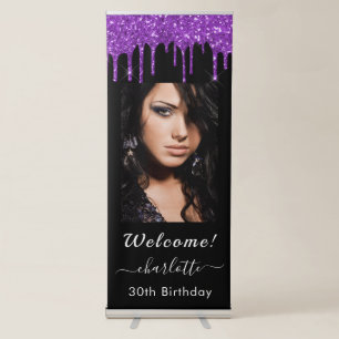 Birthday welcome black purple glitter photo  retractable banner