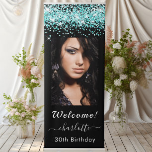 Birthday welcome black teal confetti photo retractable banner