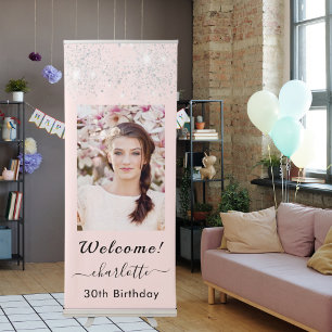Birthday welcome blush pink silver glitter photo retractable banner