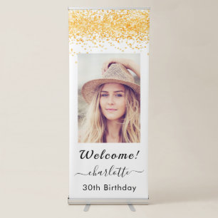 Birthday welcome white gold glitter photo retractable banner
