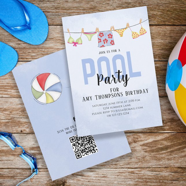 Birthday Whimsical Pool Party QR Code Social Media Invitation (Creator Uploaded)