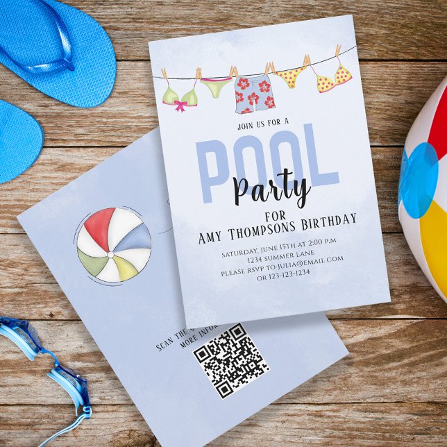 Birthday Whimsical Pool Party Swimsuits QR Code  Invitation (Creator Uploaded)