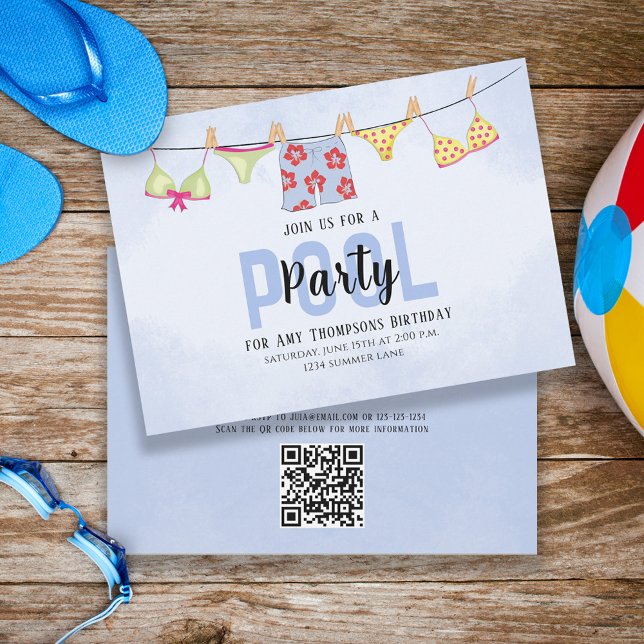 Birthday Whimsical Pool Party Swimsuits QR Code Invitation (Creator Uploaded)