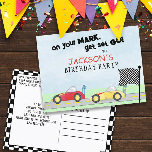Birthday Whimsical Race Cars Track Chequered Flag Postcard