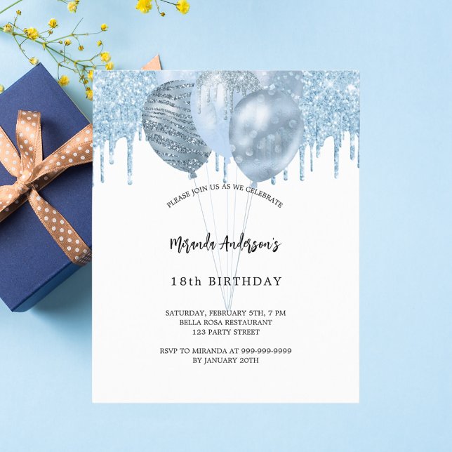 Birthday white blue balloons glitter drips invitation postcard (Creator Uploaded)