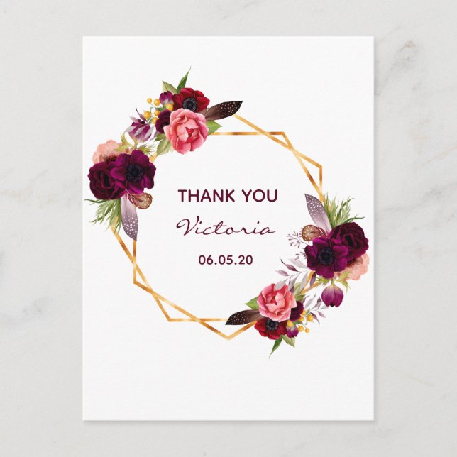 Birthday white burgundy floral gold thank you postcard (Front)