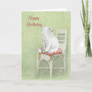 birthday white cat and roses on pillow card