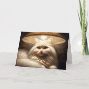 Birthday White Cat Sitting In Warm Lamplight Card
