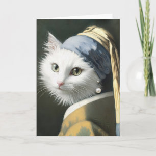 Birthday White Cat With a Pearl Earring Painting Card