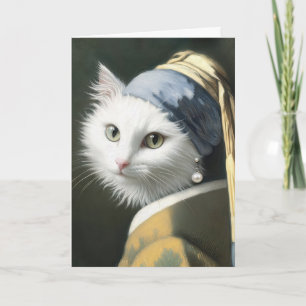 Birthday White Cat With a Pearl Earring Painting Card